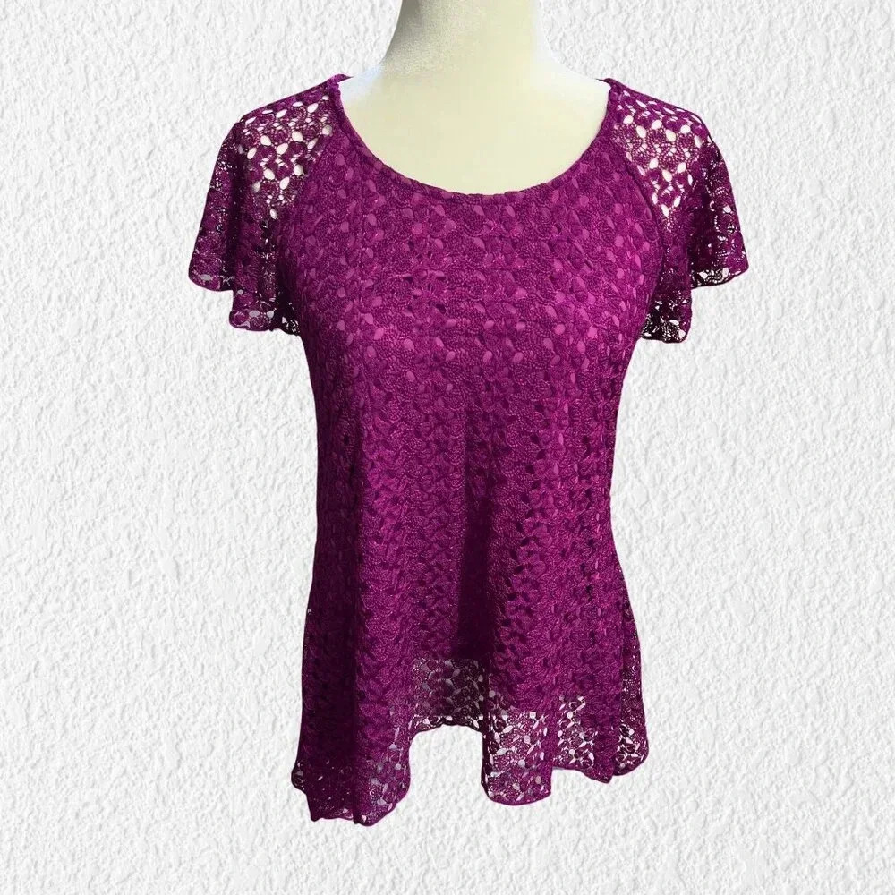 Brittany Black Magenta Pink Lace Overlay Tunic Blouse Top Sharkbite Hem S